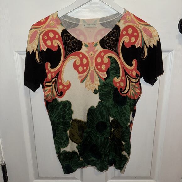 ETRO Italy Women’s Short Sleeve Sweater Size 44 Colorful Floral Silk Blend - Picture 1 of 8